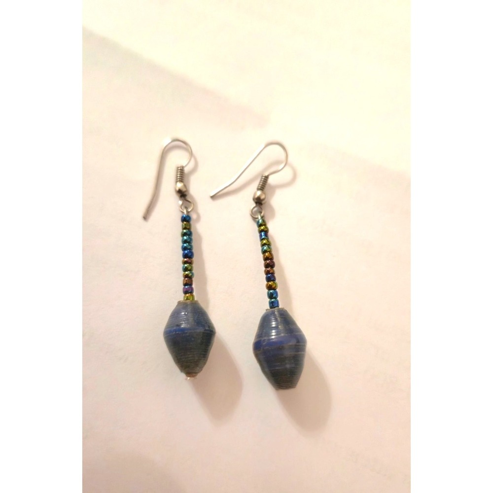Handmade Multicolor Beaded Earrings Blue Paper Bead Accents Boho Hook Earrings